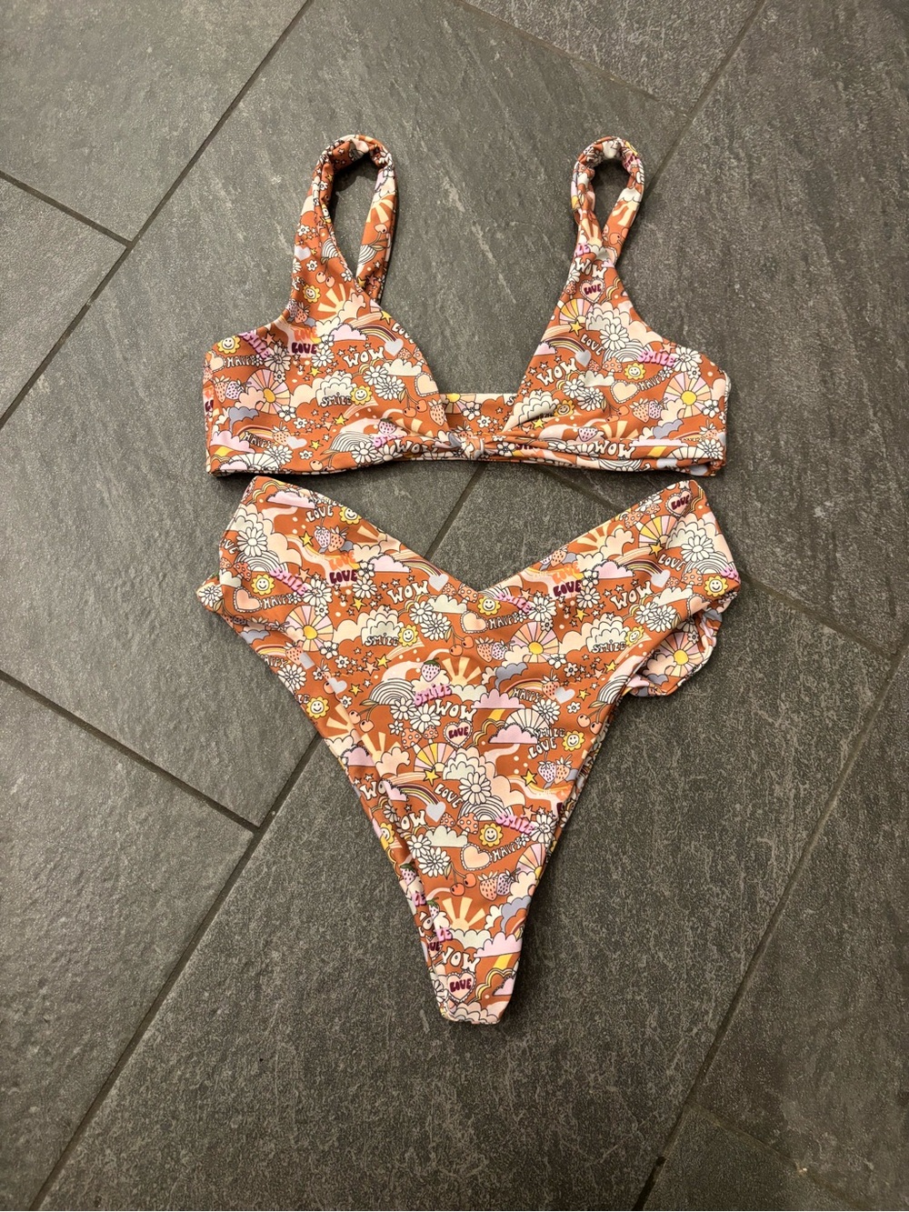 Skatie NWOT Retro Floral Tie-Shoulder Bikini Set - Orange Multi